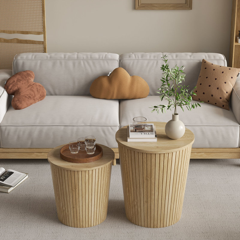 Round Coffee Table Set, Nesting Table Set Of 2, Nesting End Tables, Round Coffee Table With Storage For Living Room, Wood