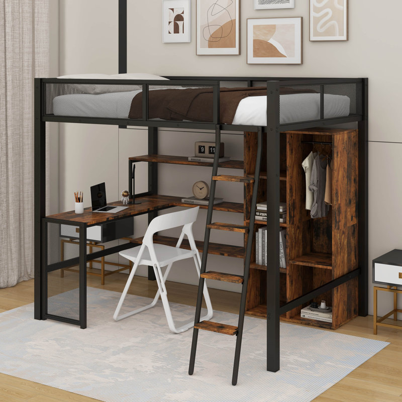 Lit mezzanine double en métal avec bureau intégré, garde-robe et tablettes
