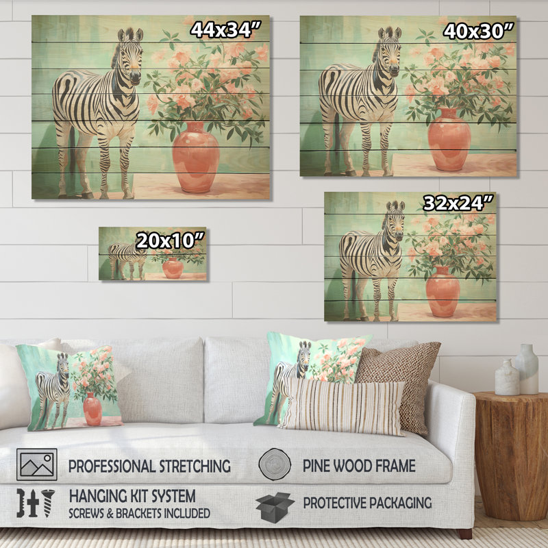 Zèbre floral rose et vert IV - Animal zèbre sur bois, H 10 po x l 20 po