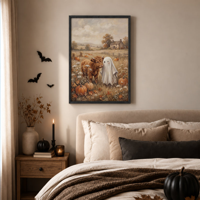 Toile d'Halloween Highland Cow and White Ghost in Pumpkin Patch, H 48 po x l 32 po