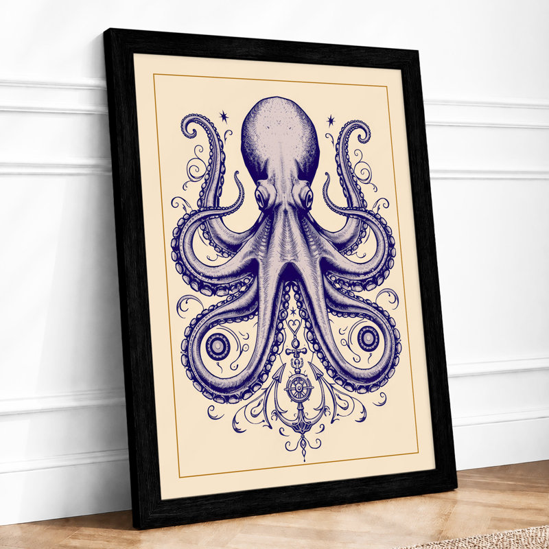 Symmetrical Octopus Japandi - Framed Print, Black, A4 - 29.7 x 21.0 cm