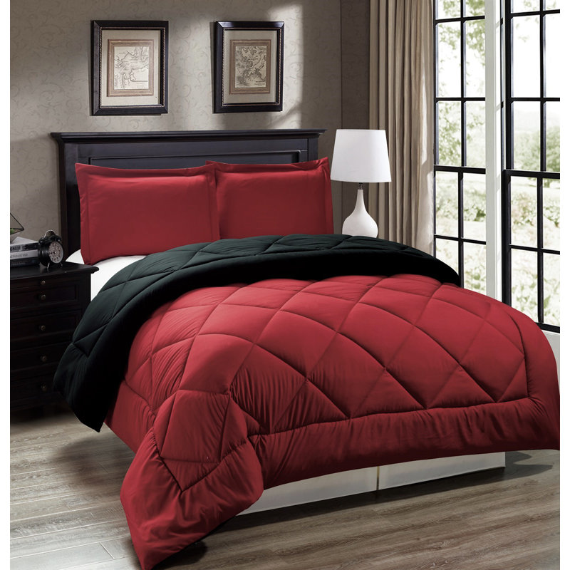 Ensemble d'édredon réversible en microfibre 11513, Rouge, Édredon très grand et 2 taies décoratives