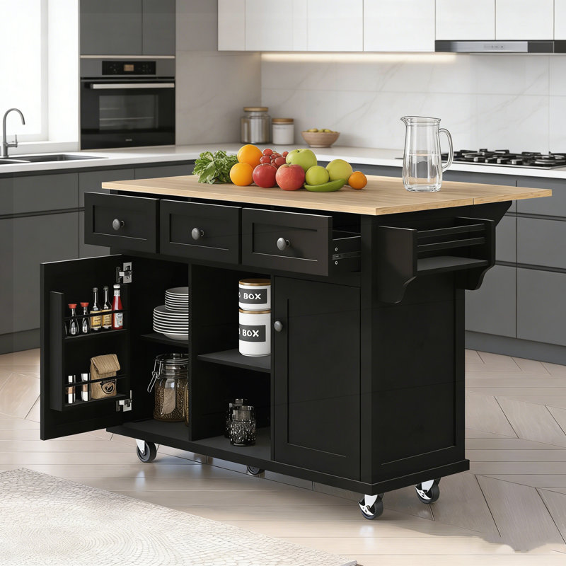 Versatile Kitchen Cart with Drop-Leaf Countertop, Adjustable Storage, and Dual Mobility Options for Modern Homes., Black