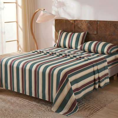 Green Cabana Striped Sheet Set Full Size - 100% Cotton Striped Bedding 4 Pieces, Soft Breathable Percale Weave, 17.5” Deep Pocket, Luxury Linen Like, All Season Comfort