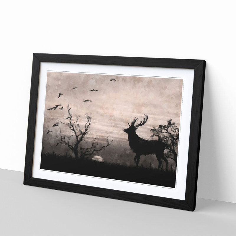 Stag Deer with Birds - Picture Frame Graphic Art Print, Black Framed, 33cm H x 45cm W x 2cm D