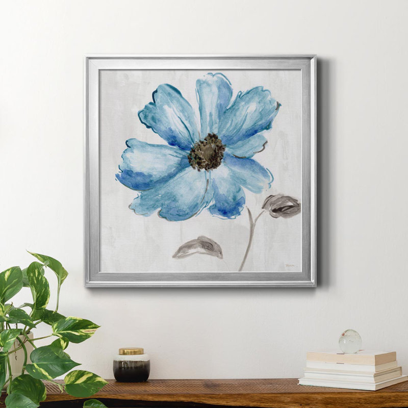Bleu floral - peinture sur toile encadrée, H 34,5 po x l 34,5 po x P 1,5 po, Argent