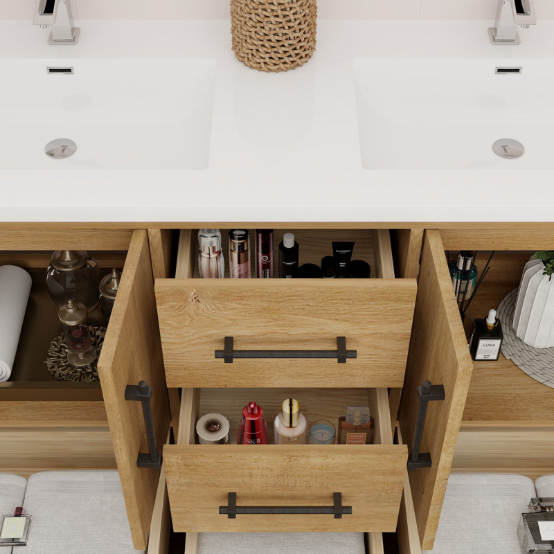 Victoria Oak Finish Double Freestanding Bathroom Vanity with Acrylic Top