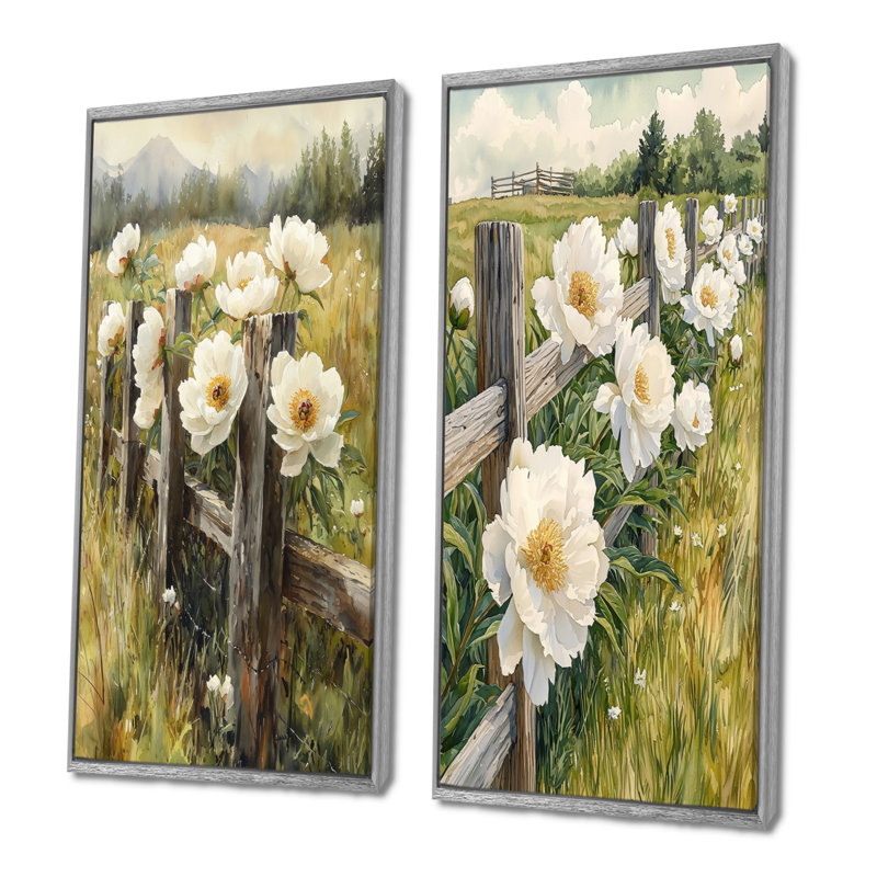 Pivoines dans la clôture pastorale I - art mural floral 2 panneaux, 40" H x 41" W, Encadrement argenté