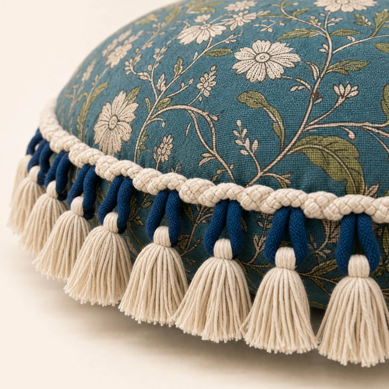 Coussin de sol imprimé rond 20 po avec bordure à pampilles, Bleu