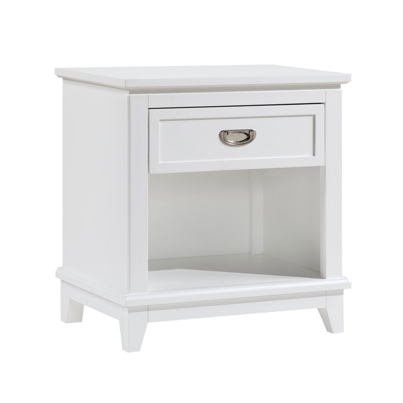 Sely Nightstand, 1 Drawer W Open Cubby, White Wood, Ring Handle, White