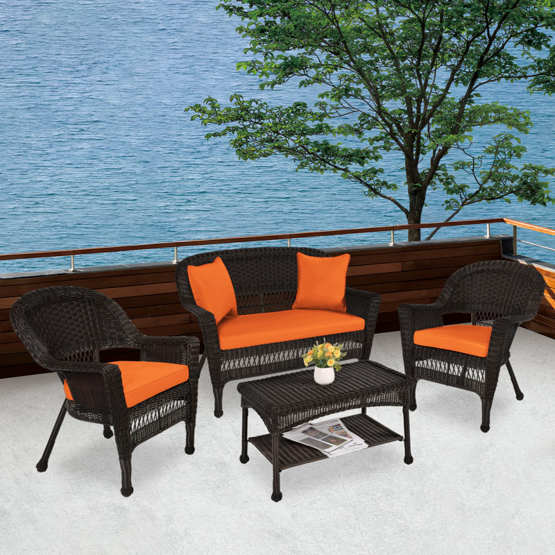 Cecilton 4 Piece Rattan Sofa Seating Group , Espresso, Brick Orange