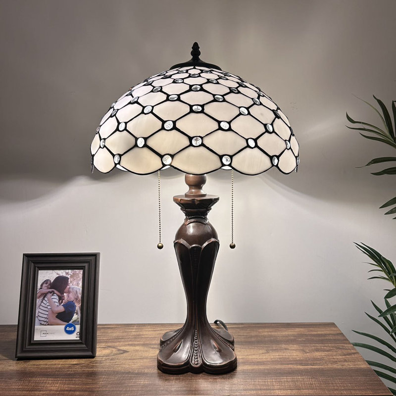Hall Tiffany Table Lamp White Stained Glass Pull Chain Switches LED Bulbs Included 16'W*16"D*24"H