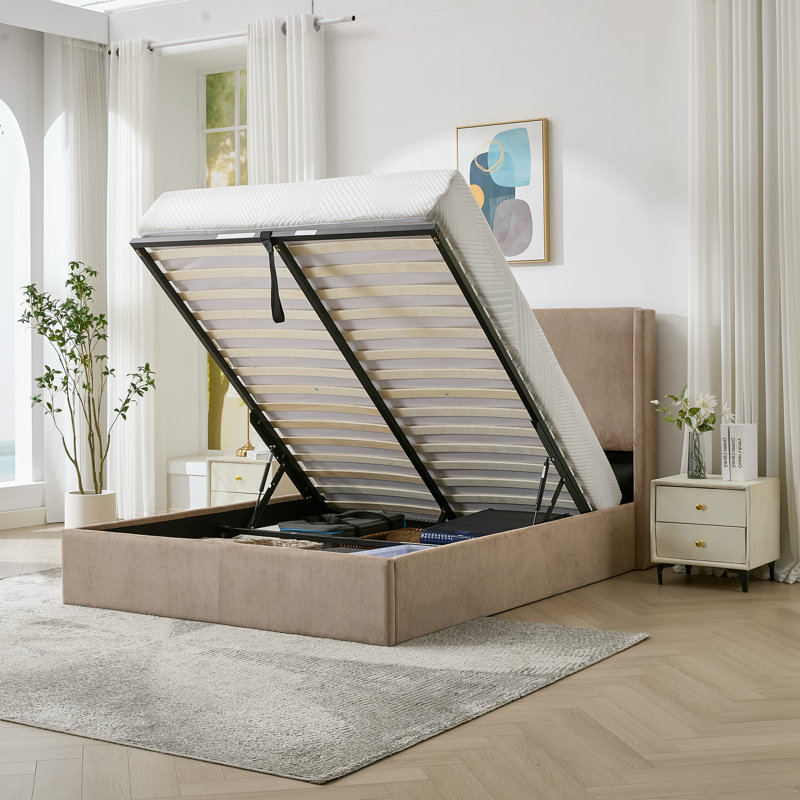 Lit plateforme tapissier en velours côtelé Wauson, Double, Taupe