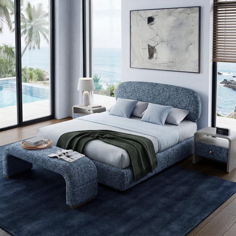 Grand lit plateforme tapissier Devotia, Bleu, Grand lit