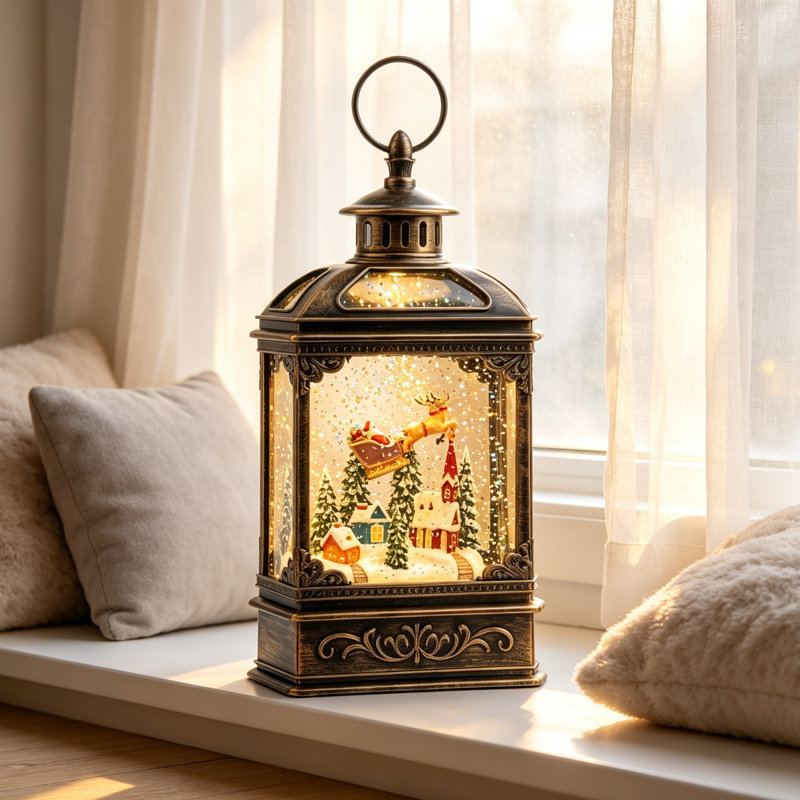 Musical Christmas Snow Globe Lantern with Swirling Glitter & Santa Sleigh