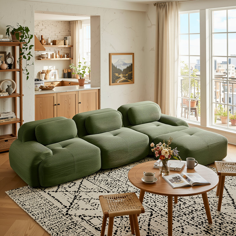 Canapé d'angle modulaire en velours côtelé vert olive, 116 po, assises profondes et accoudoirs incurvés, Vert olive
