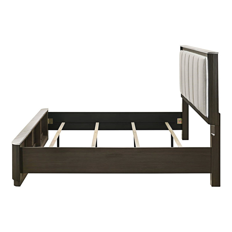 Wooden Platform Bed with Upholstered Headboard