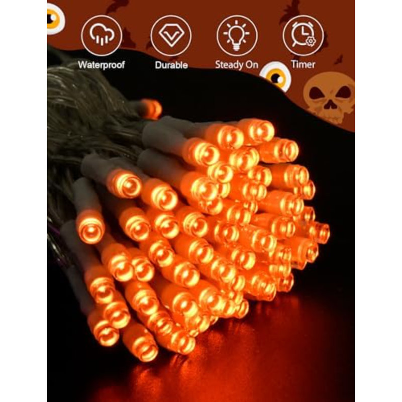 Guirlande d'Halloween à piles avec minuterie - 9,8 pi 30 lumières orange imperméables pour décorations extérieures, fêtes, cours, allées, intérieur et extérieur