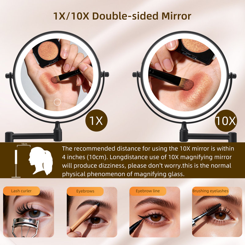 Miroir de maquillage mural rechargeable avec lumières à double face, Noir