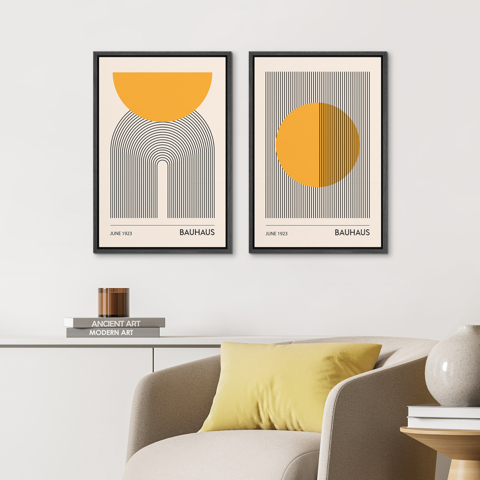 Mid Century Modern Boho Bauhaus Solar Sun Abstract Art Decor Framed On Canvas 2 Pieces Print, 24" H x 32" W