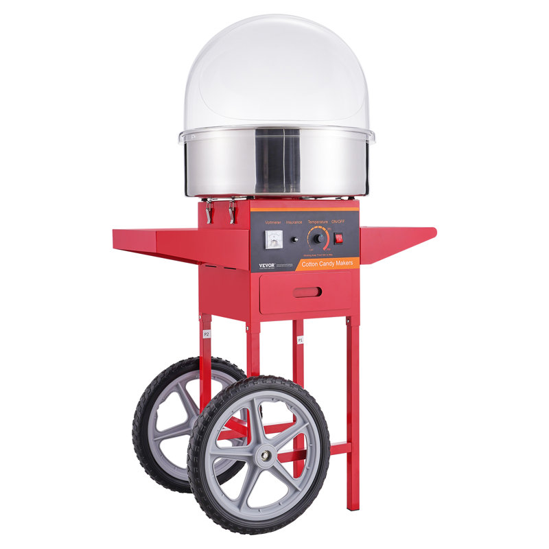 Machine à barbe à papa électrique avec chariot, machine à barbe à papa 1000W avec couvercle, cuve en acier inoxydable, cuillère à sucre et tiroir, parfaite pour la maison, l'anniversaire des enfants, une fête de famille, rouge