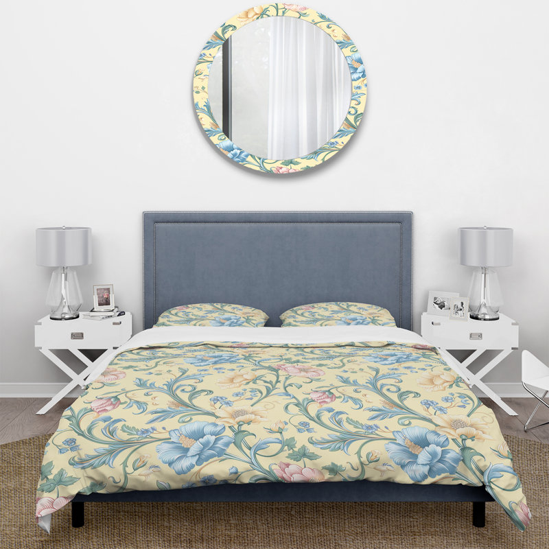 Ensemble de housse de couette bleu, beige et floral Vintage Paradise I, Housse de couette simple + 2 taies décoratives st
