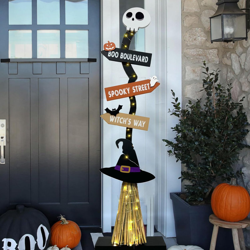 44" Lighted Halloween Wooden Witch Broom with 50-Bulb String Lights