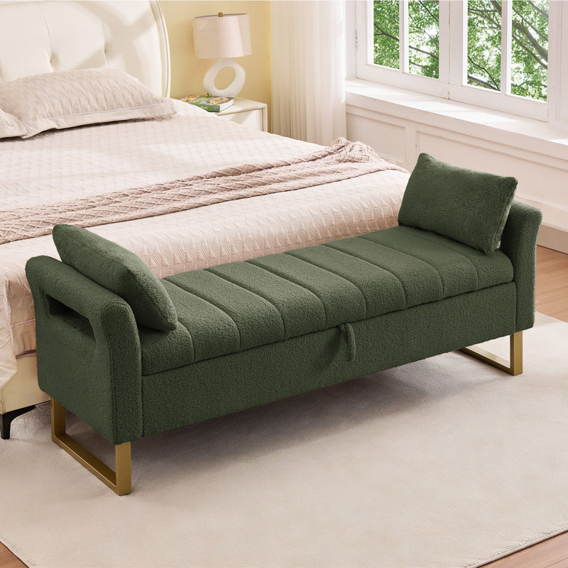 Lunara 66"W Upholstered Flip Top Teddy Storage Bench King Size with Gold Legs,Curverd Armrest and 2 Pillows , Green, 67"W