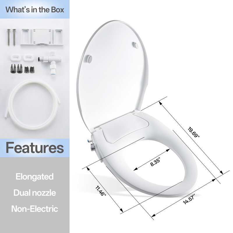Elongated Non-Electric Bidet Seat with Dual Nozzle Front & Rear Wash