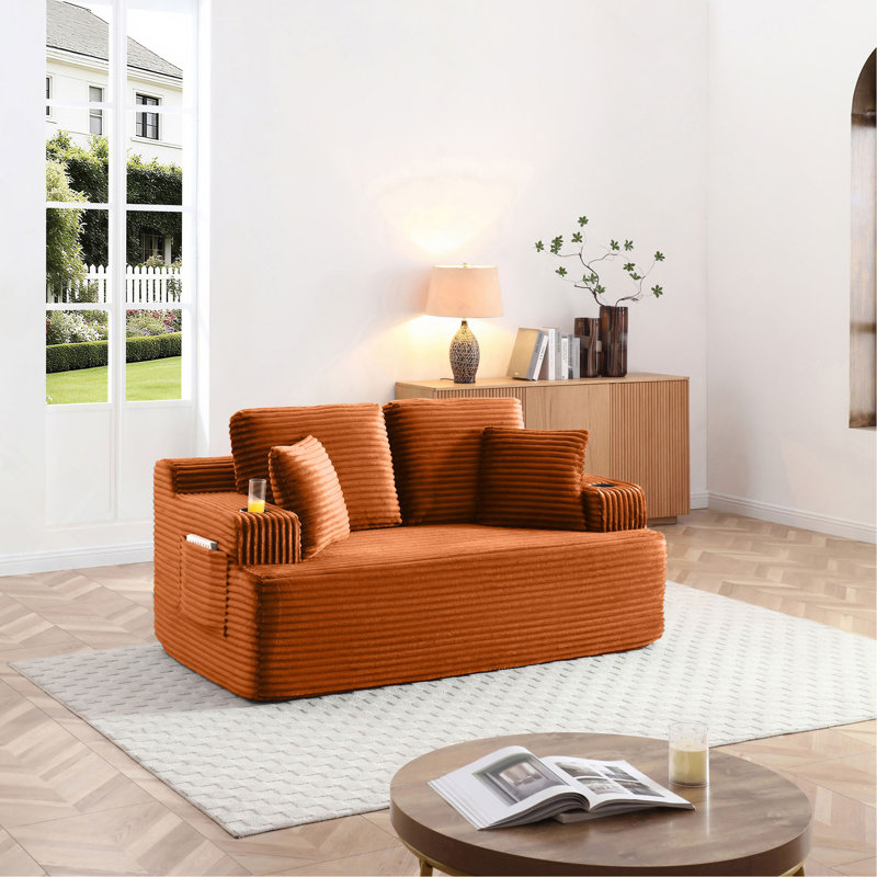 Canapé de 66,5 po sans canapé avec 2 coussins supplémentaires, tissu en velours côtelé 2 places avec porte-gobelet et poche latérale avec revêtement de sol facile à installer (2 places)