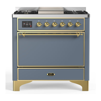 Cuisinière à combustible double de 36 po avec 6 brûleurs scellés et plaque chauffante Majestic III Series en bleu-gris (gaz naturel, garniture en laiton)