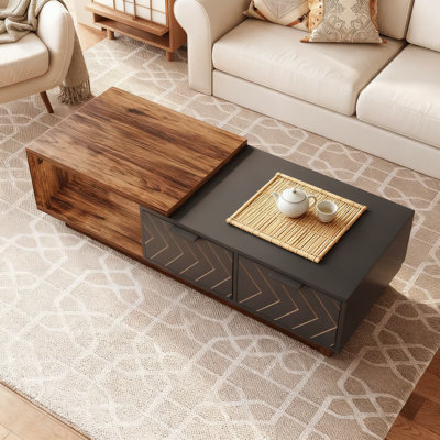 Expandable Farmhouse Coffee Table With 2 Drawers, Space-Saving Rectangular Center Table For Living Room And Office