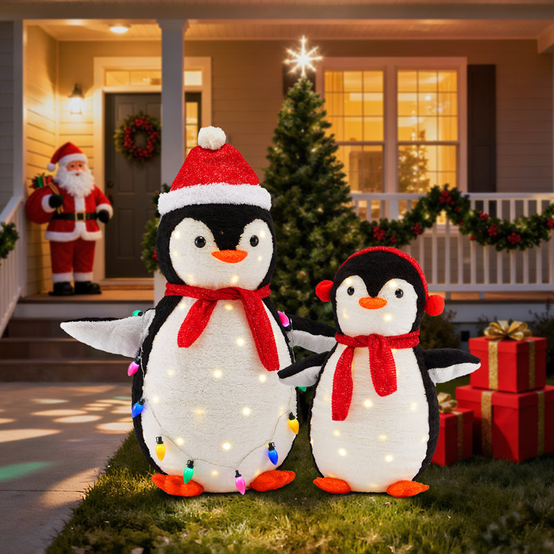 2 pièces décorées de pingouins de Noël illuminées, décor de pingouins de Noël en plein air, Blanc/rouge