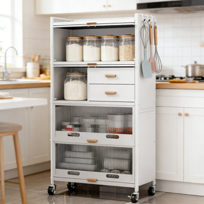 5-Tier Kitchen Storage Cabinet With Flip-Up Door, Rolling Casters, And Durable Steel Frame - Freestanding Microwave Stand And Bakers Rack For Living Room, Dining Room, Or Study