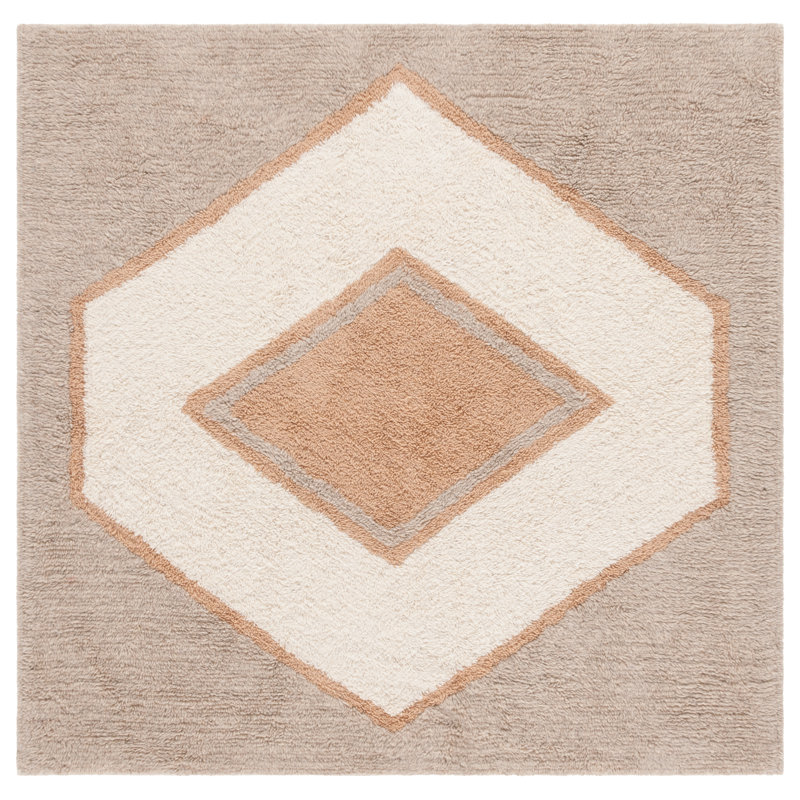 Quadri Hand Tufted Wool/Cotton Geometric Rug in Ivory/Brown, Square 6'