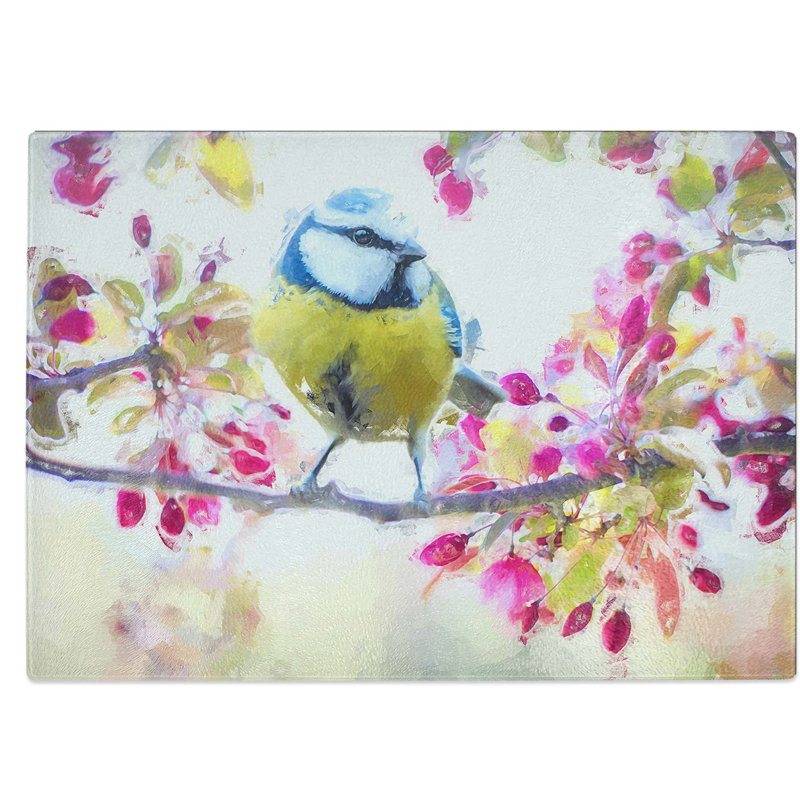 Tempered Glass Tit Bird in Spring Chopping Board, 39 cm W x 28.5 cm L