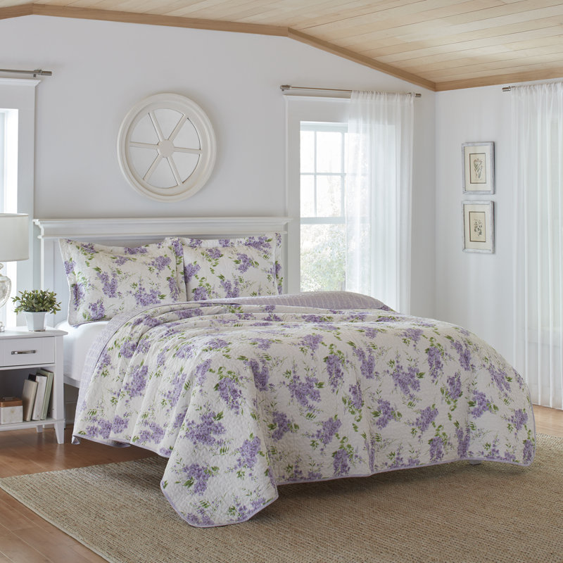 Laura Ashley Keighley Cotton Reversible Purple Quilt Set, Full/Queen Quilt + 2 Standard Shams