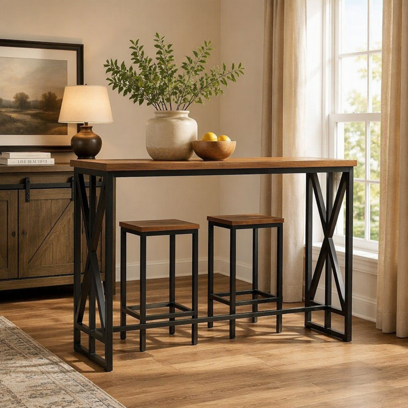62.6" Rectangular Bar Table, Farmhouse Counter Height Pub Table with Metal Footrest for Coffee Bar