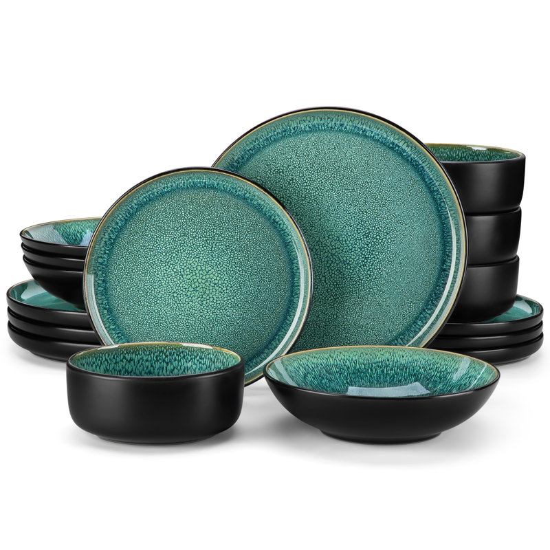 16 Piece Stoneware Dinnerware Set - Service for 4, Green