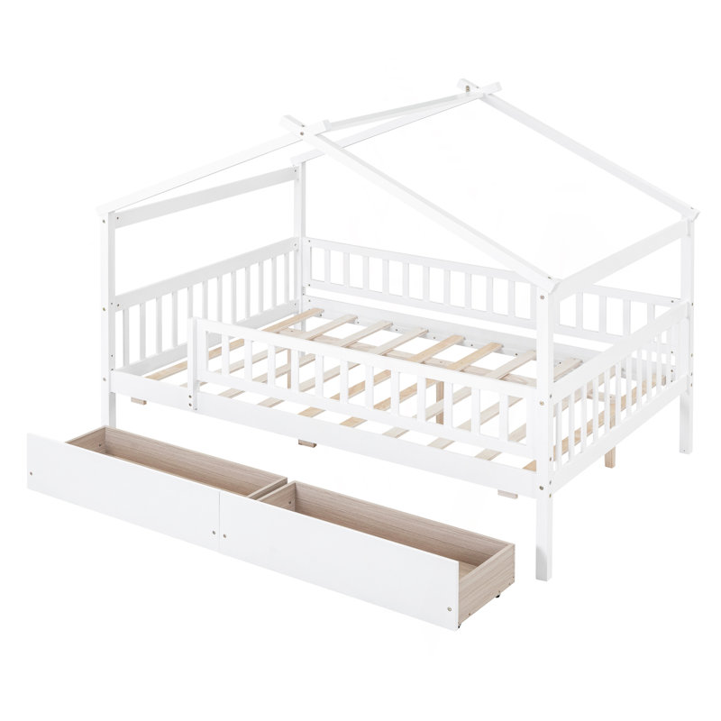 Lit double en bois avec deux tiroirs, blanc, Blanc