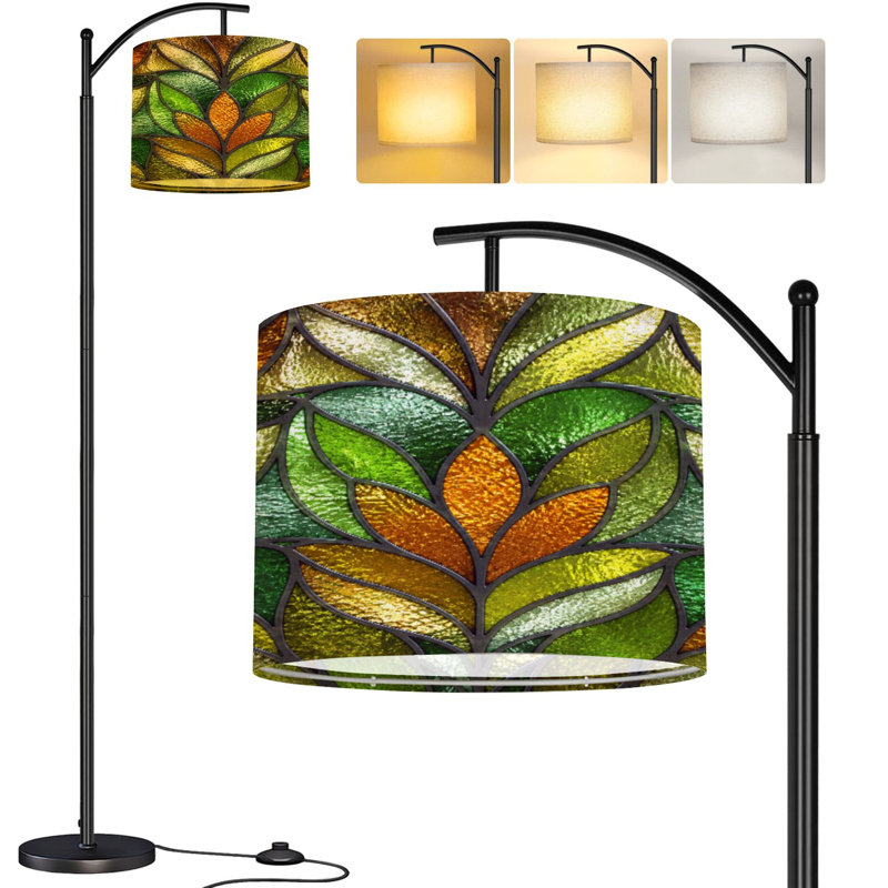  Lampe sur pied à arc Arc vert en verre coloré aux accents métalliques Grande lampe sur pied moderne à DEL Abat-jour réglable en lin 3 températures de couleur