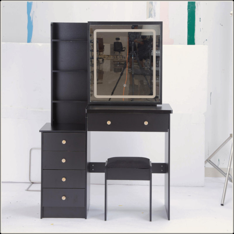 Meuble-lavabo de 37 po avec tabouret de taille moyenne 37 po + tabouret rembourré, grande commande tactile, interrupteur tricolore, miroir à luminosité réglable, rangement grande capacité, convient aux espaces moyens