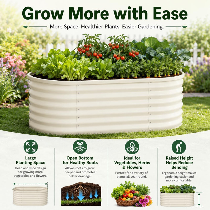 Metal Raised Garden Bed, Beige, 60cm H x 180cm W x 90cm D