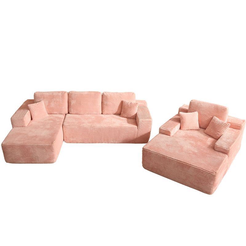 Ensemble de salon inclinable en velours côtelé 3 pièces Ireneo avec causeuse et méridienne, Rose, Orienté à droite