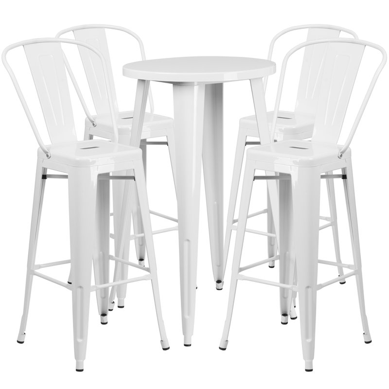 Williamston Round Metal Indoor-Outdoor Bar Table Set with 4 Cafe Stools, 41" H x 30" W x 30" L, White