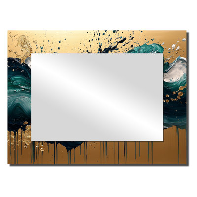 Emerald Stone On Golden Rhythmic Drizzle II - Modern Mirror Wall Decor - Printed On Metal