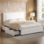 Ensemble de lit avec rangement à 4 tiroirs et table de chevet à 3 niveaux avec lit plateforme en velours et rangement sous le lit-1267653504-1267653505
