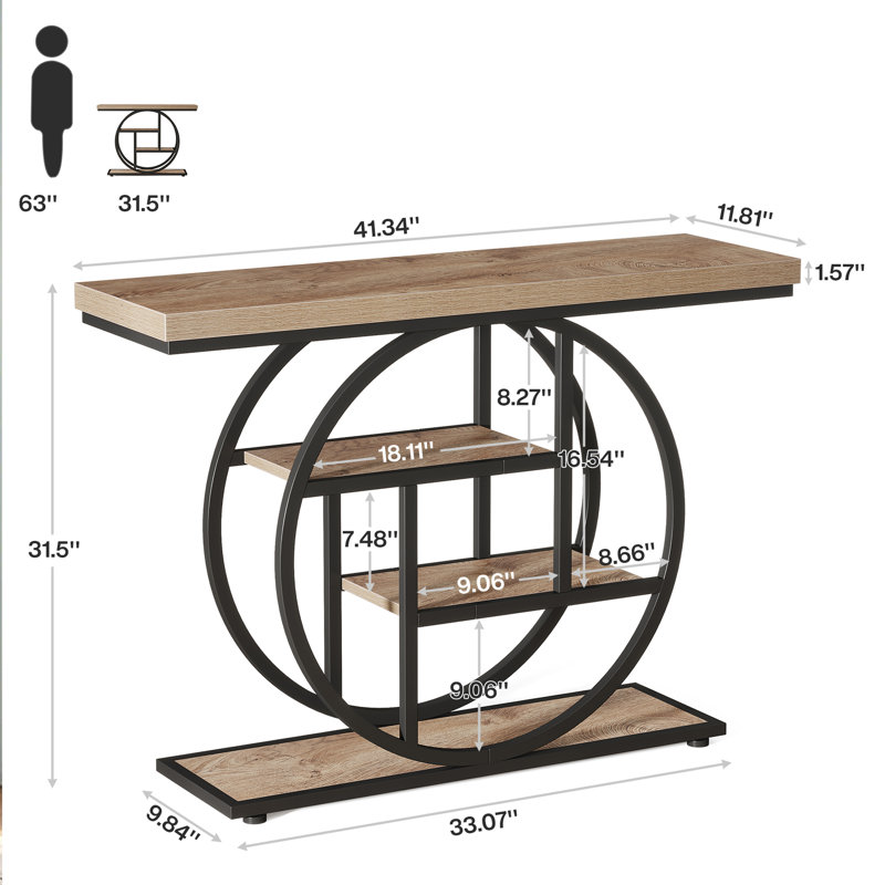 4-Tiered Storage Console Table 41.3" Sofa Table Entryway Table with Circle Base for Living Room, Light Brown