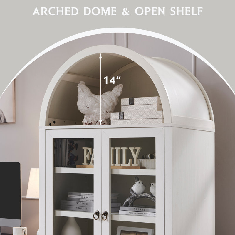 71” Tall Arched Bookshelf, Modern Bookcase w/ Open & Adjustable Shelf, Wooden Display Cabinet with Large Hidden Drawer and Glass Doors, Versatile Bookshelf for Living Room, Study, Office