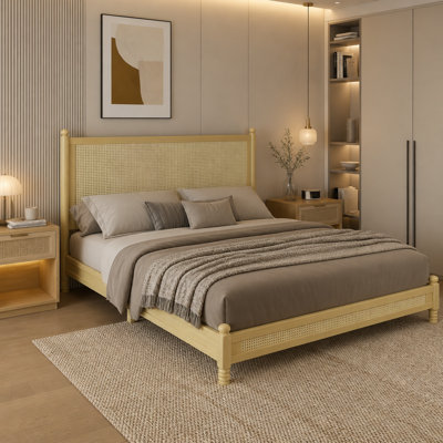 Rattan Bed Frame with Headboard and Footboard,Bohemia Wood Bed Frame with Turned Legs,Woven Cane Platform Bed